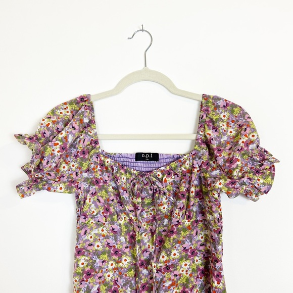 O.P.T. One Pretty Time Go On A Date Floral Smocked Midi Dress Puff Sleeve M - Picture 7 of 9